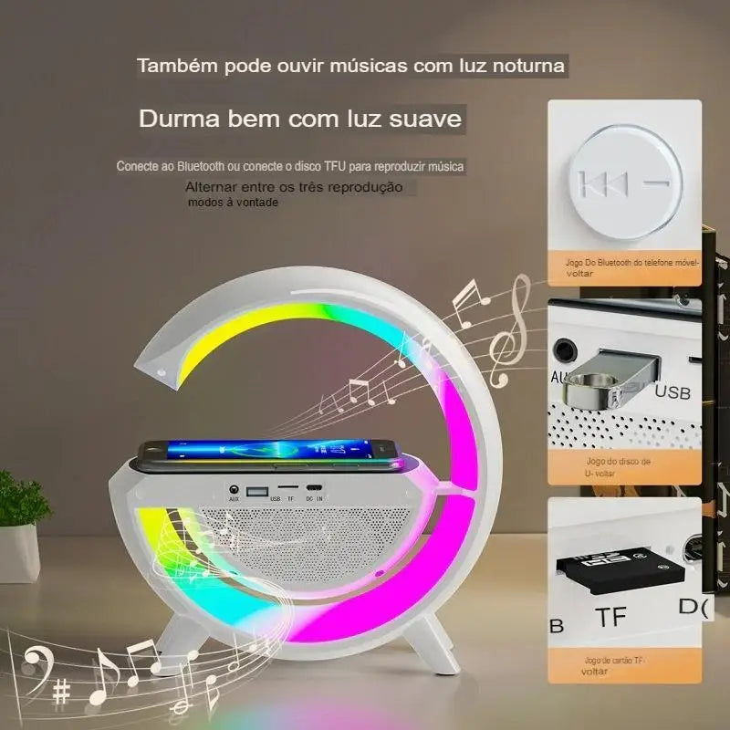 Carregador por Indução com Caixa de Som e Luminária RGB